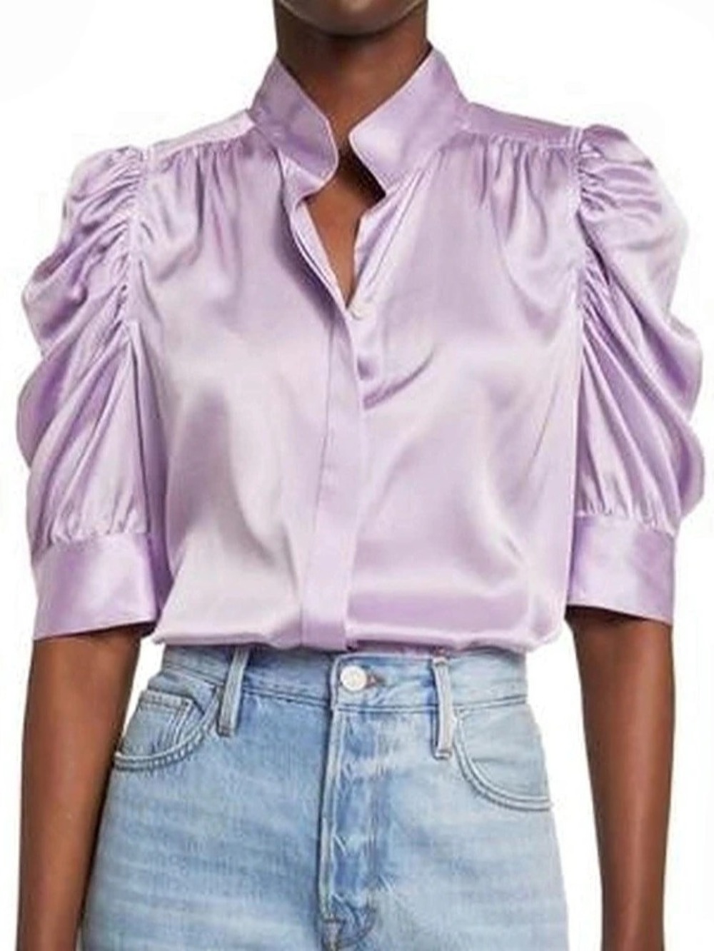 FRAME Gillian Puff-Sleeve Silk Blouse Purple XS